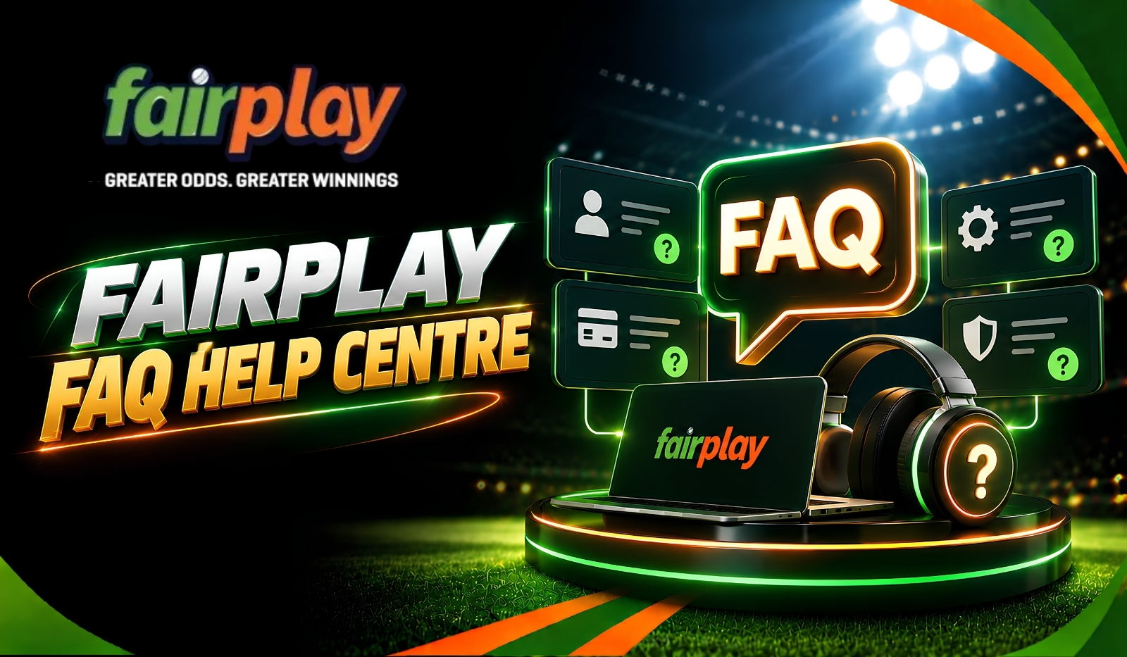 Fairplay Help Centre: question and category icons arranged around a laptop and a support headset