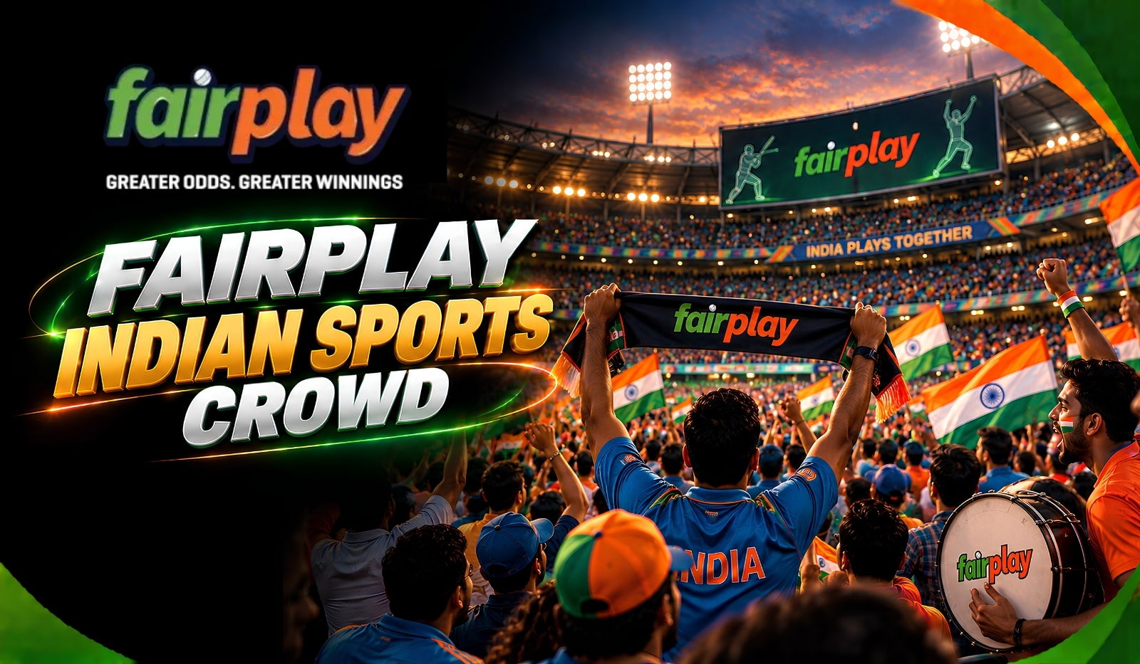 Fairplay Indian Sports Crowd: supporters waving Indian flags in a packed floodlit stadium