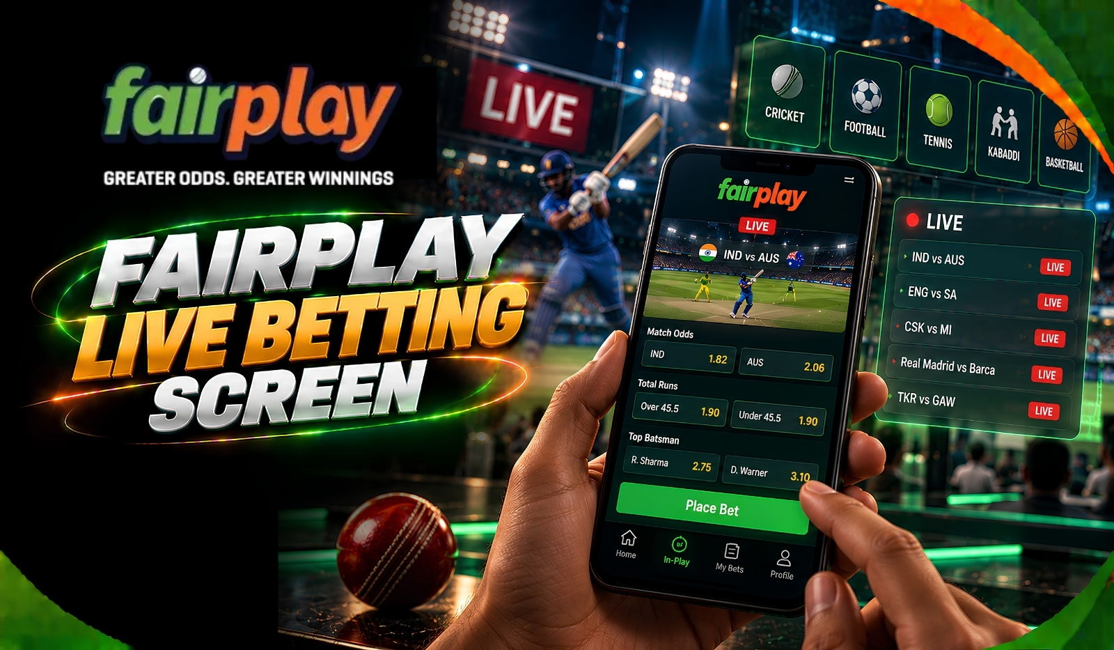 Fairplay Live Betting Screen: in-play cricket odds and a place bet button on a phone held in one hand