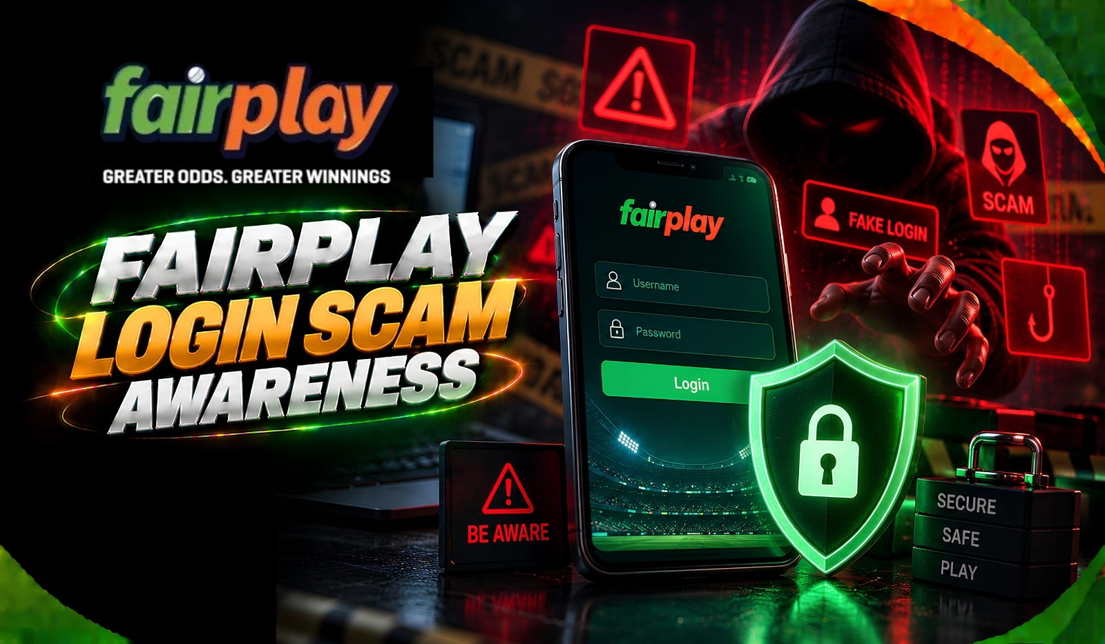 Fairplay Login Scam Awareness: a warning about fake login pages, with a hooded figure behind a spoofed sign-in screen