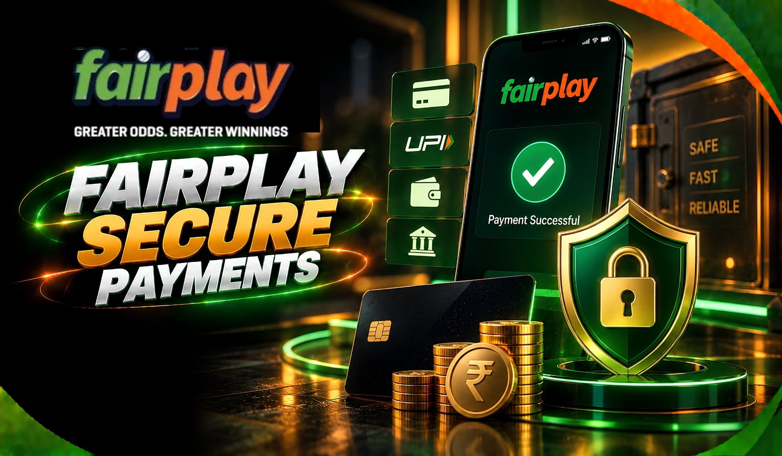 Fairplay Secure Payments: a payment confirmed on a phone beside card, UPI and bank transfer options
