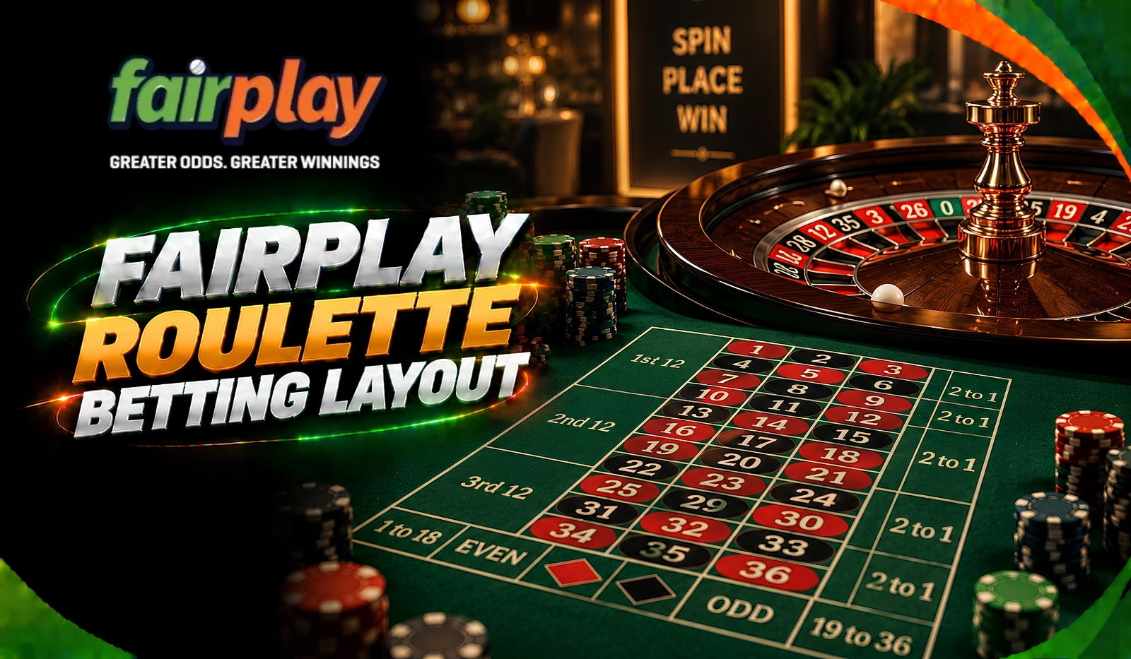 Fairplay Roulette Betting Layout: chips placed across the inside and outside sections of the roulette table