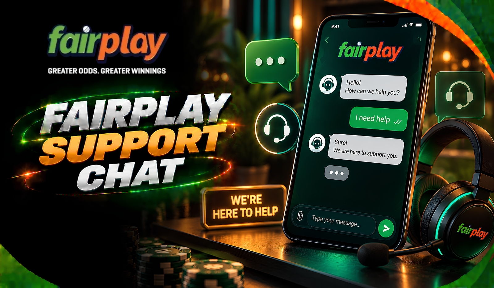 Fairplay Support Chat: a live chat conversation with a support agent open on a phone