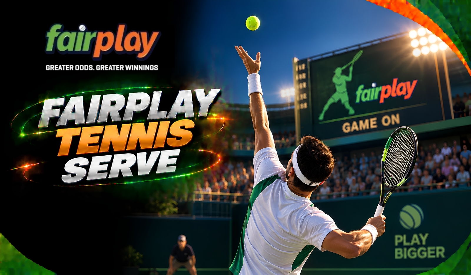 Fairplay Tennis Serve: a player at full stretch on a serve under floodlights